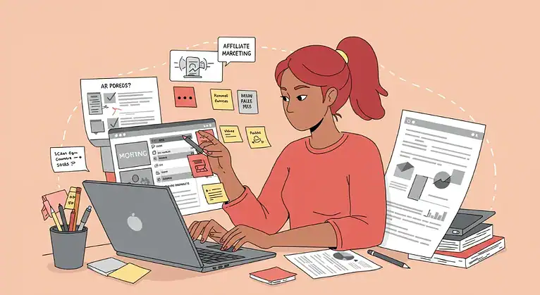 Affiliate marketer working on laptop with marketing plan and notes.